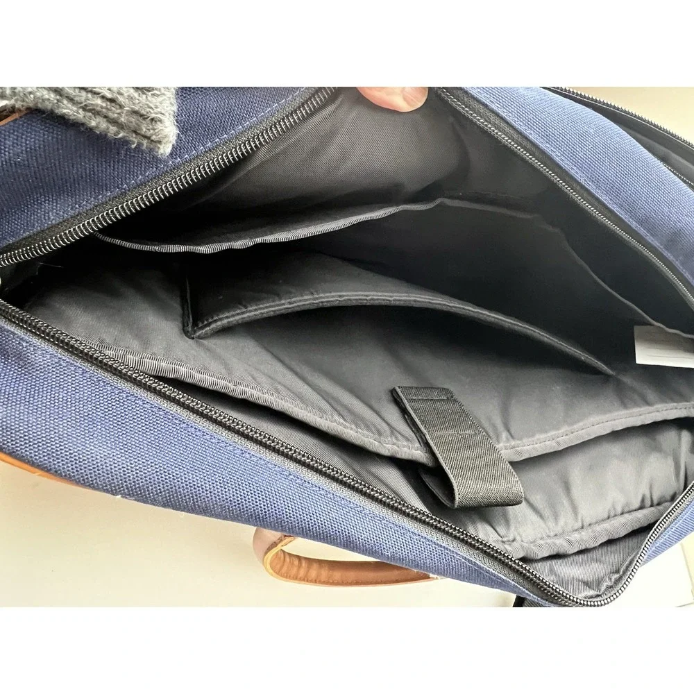 LL Bean Navy Canvas/Leather Messenger Sling Bag Embroidered 
